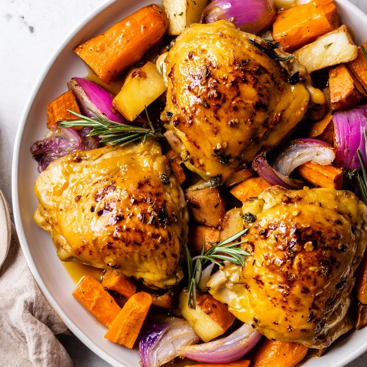 Golden Honey-Glazed Chicken with Roasted Root Vegetables: Crispy skin and sweet, earthy flavors.