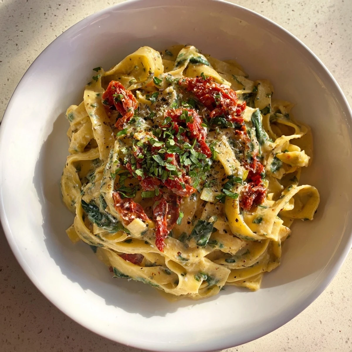 Creamy One-Pot Tuscan Garlic Herb Pasta, ready with a sprinkle of Parmesan, perfect for a cozy dinner.