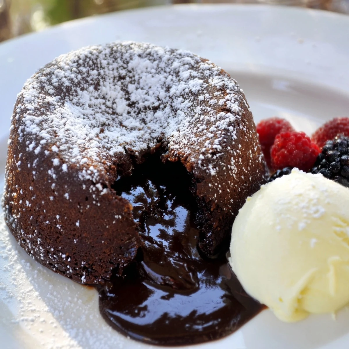 Warm, gooey cocoa-warm dark chocolate lava cakes with melted chocolate spilling out beautifully on a plate.