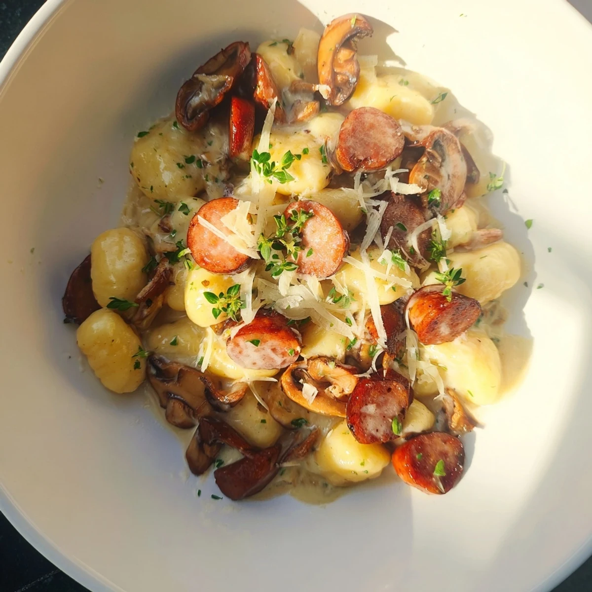 A close-up of Woodsy Skillet Sausage and Mushroom Gnocchi, showcasing tender gnocchi with savory sausage.
