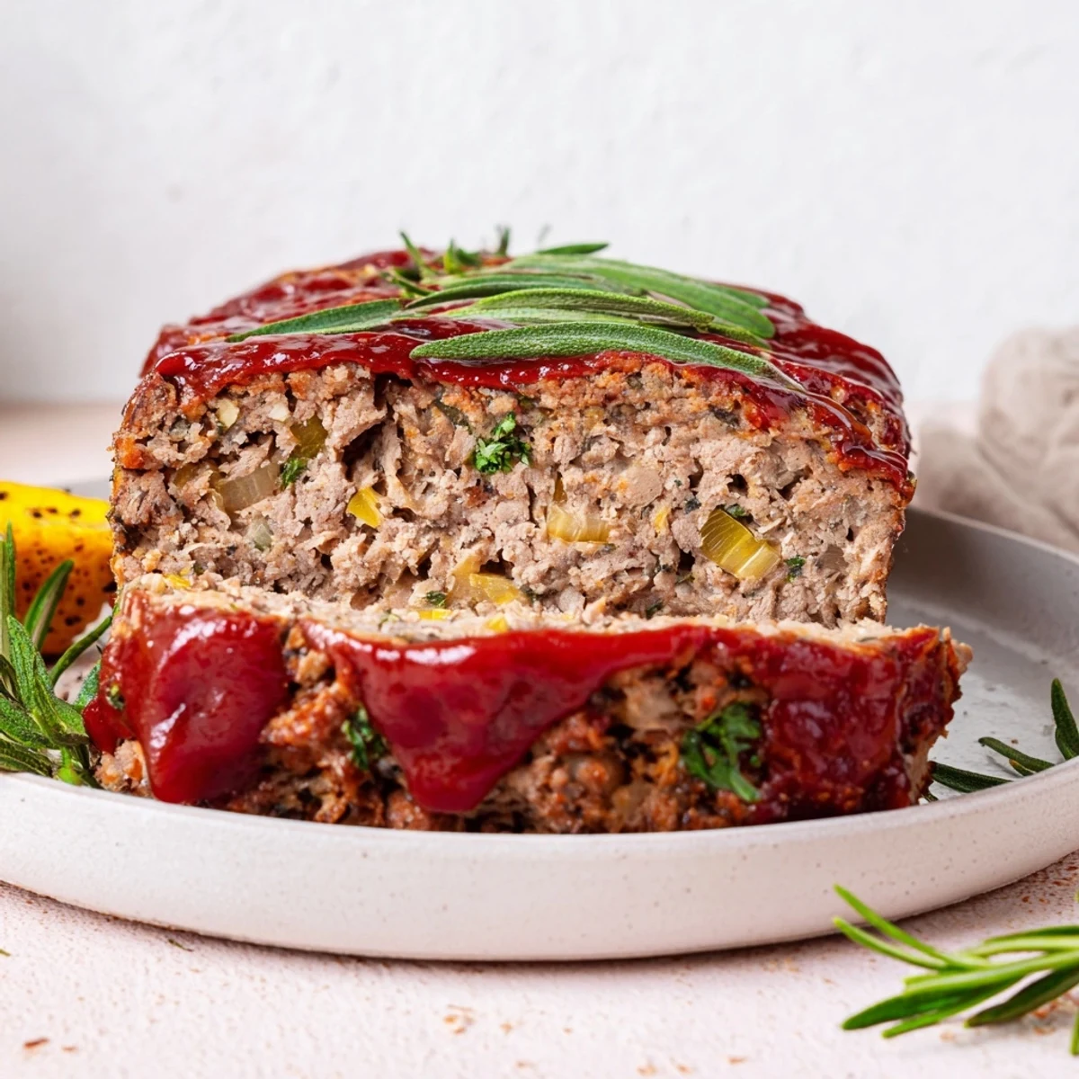 Slices of tender Everyday Herb-Sprigged Turkey Meatloaf with a glistening, sweet-tangy glaze in view.