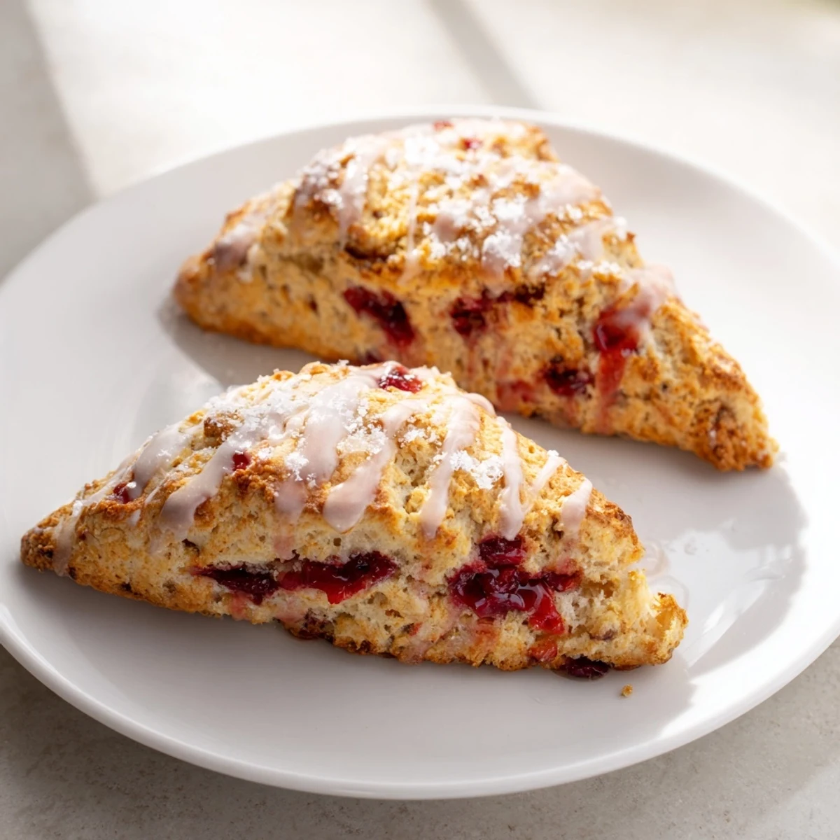 A close-up of fresh, warm Rustic Birch-Warm Blueberry Scones, showing their juicy blueberry insides after baking.