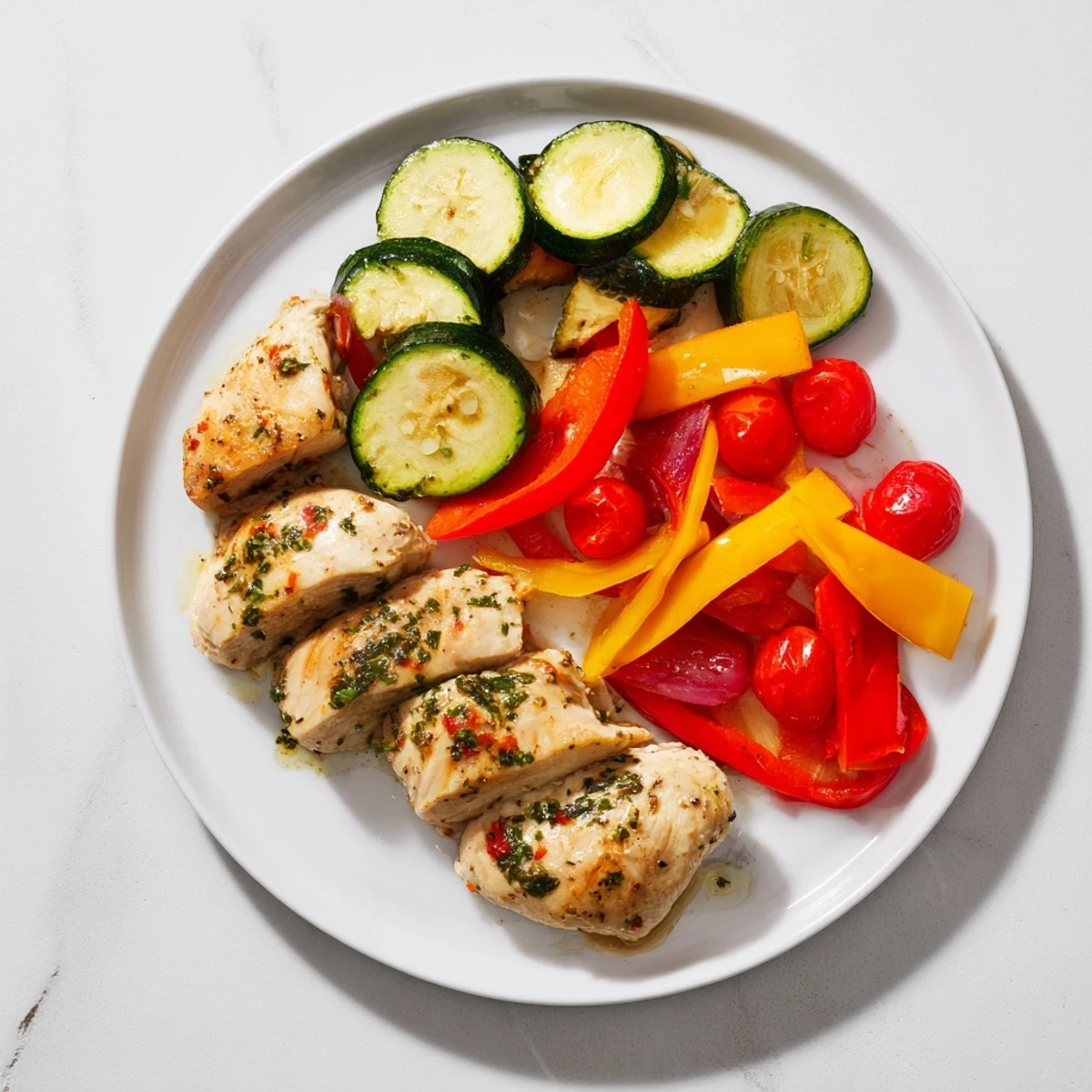 Tender Basil-Soft Chicken and Veggie Sheet Pan Dinner with roasted, colorful vegetables and juicy chicken.