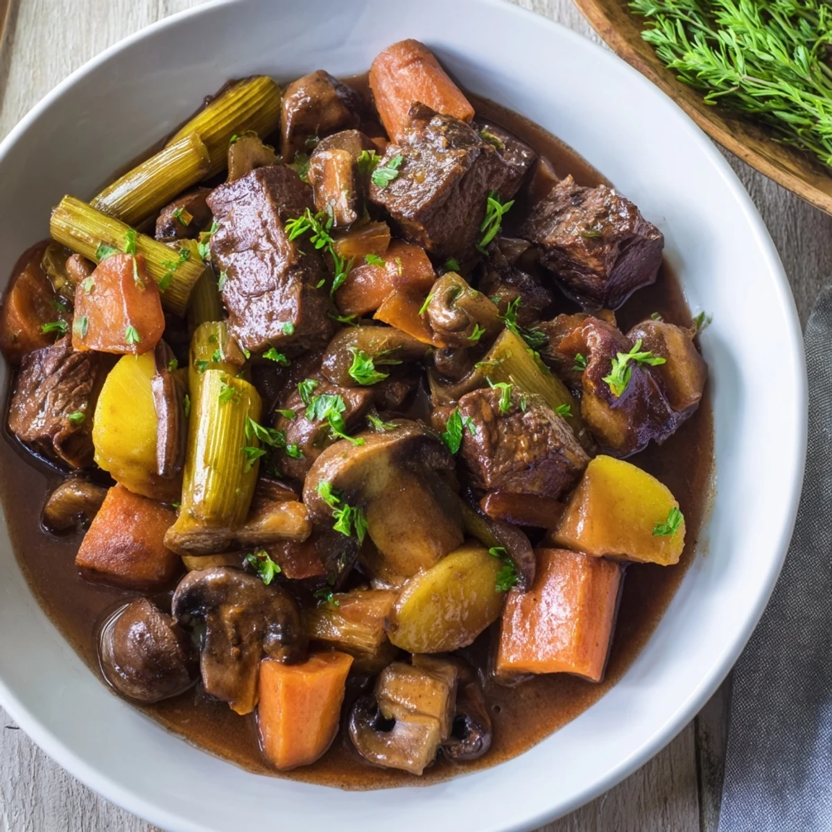 Delicious earthy beef stew, fragrant with herbs, served with slices of warm, freshly baked bread.