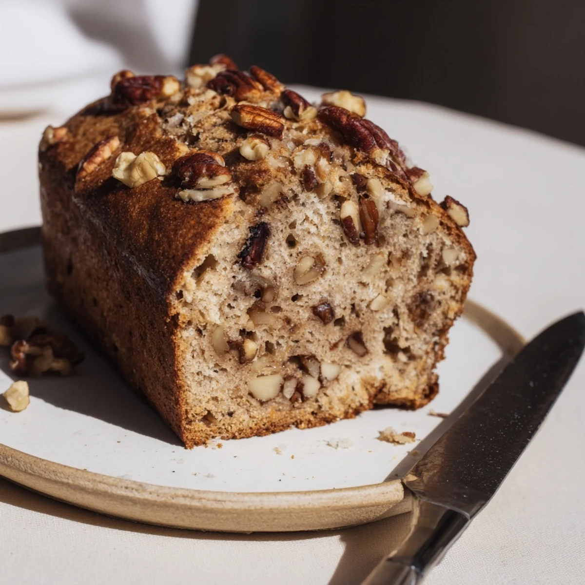 Crumbly interior and toasted exterior showcased on this Nutty Whole Wheat Loaf Bread, ready to serve.