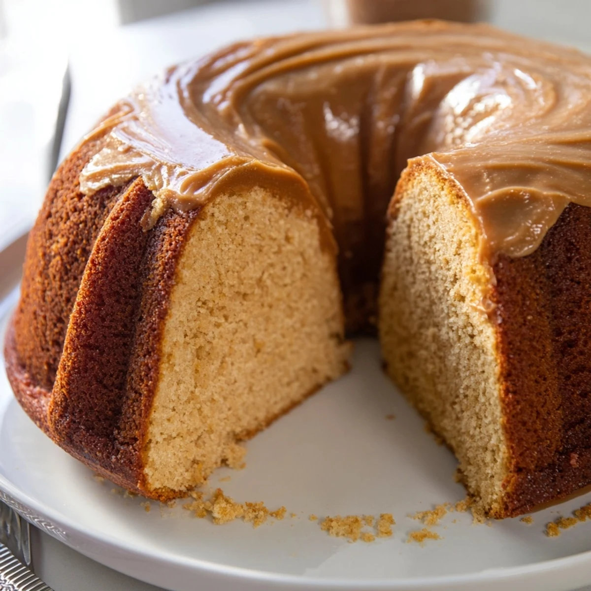 A slice of warm Soft Glow Golden Honey Pound Cake, with a drizzle of honey glaze.