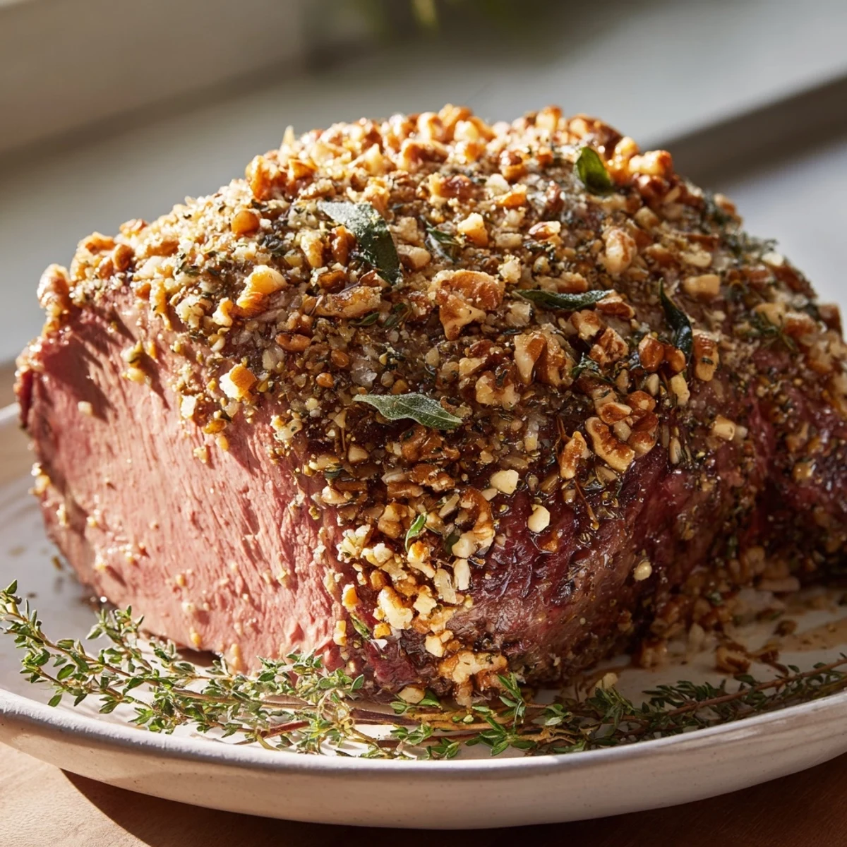 Golden-brown Thyme and Pecan Crusted Pork Tenderloin, ready to slice after a perfect roast in the oven.