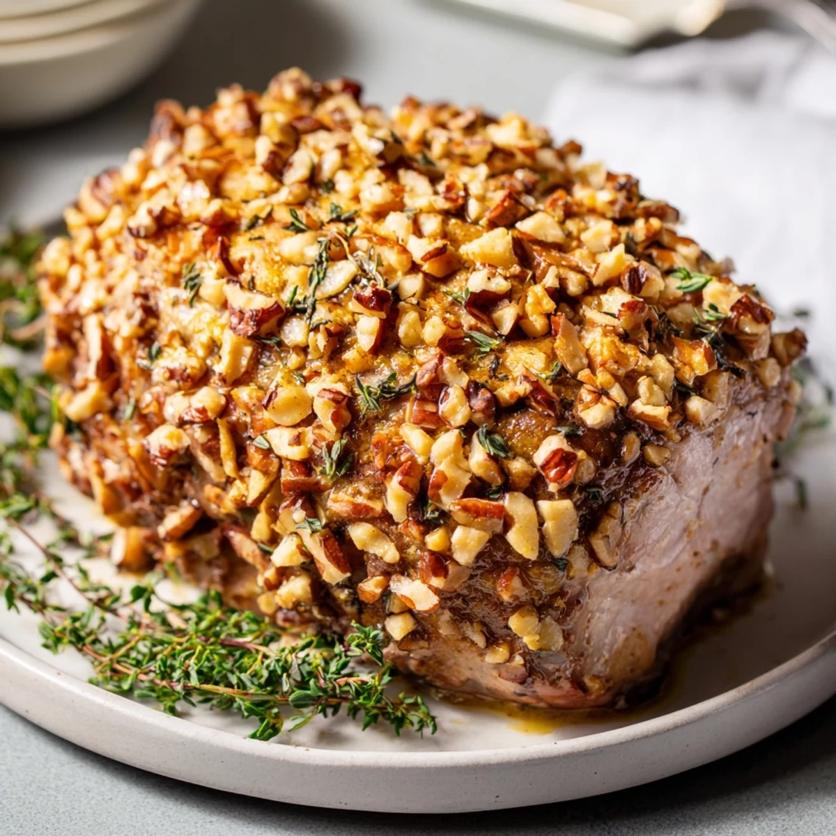 Savor the aroma of roasted Thyme and Pecan Crusted Pork Tenderloin, a gluten-free dish perfect for any occasion.