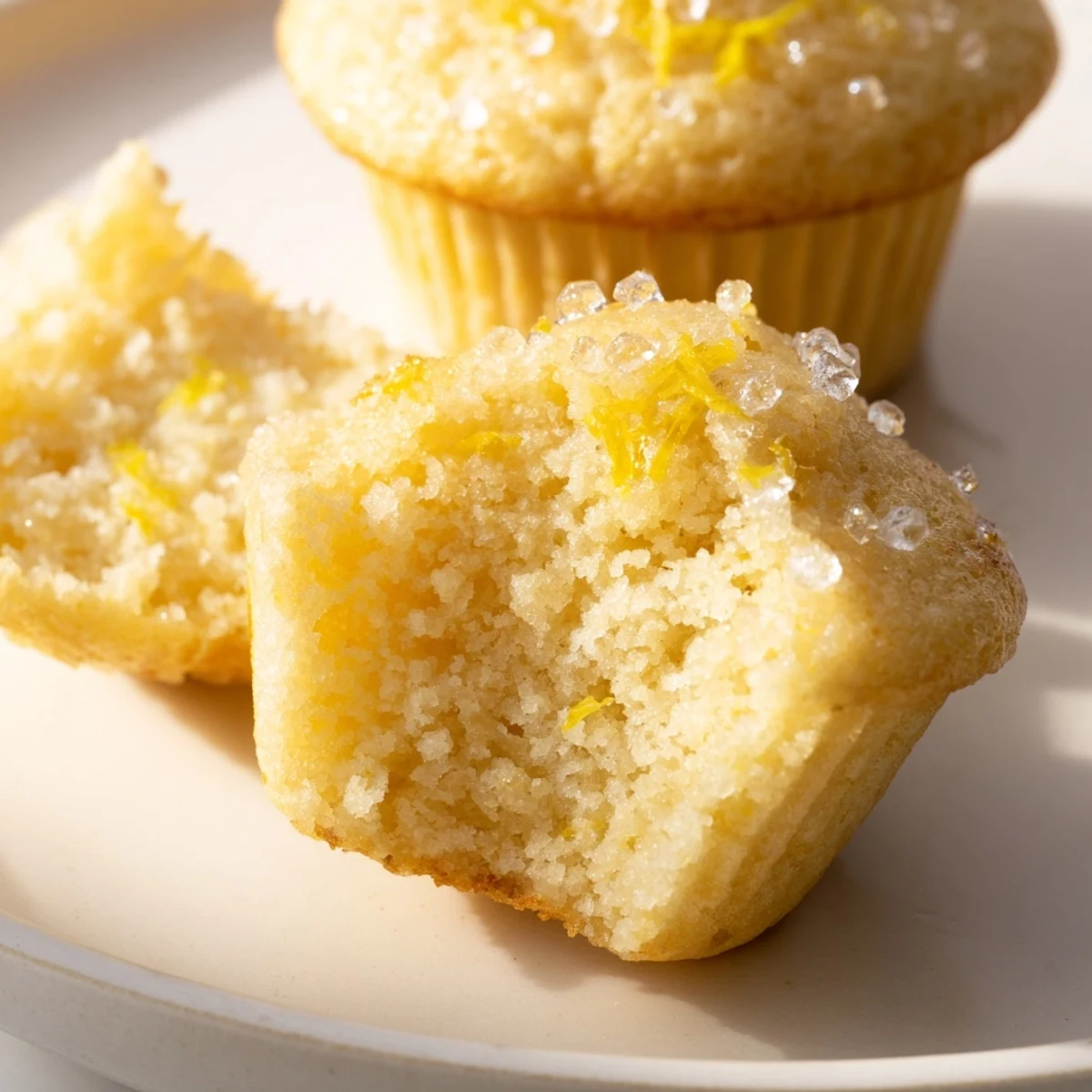Fluffy Simple Sweet Lemon Zest Muffins, golden brown and sprinkled with sugar, make a perfect breakfast.