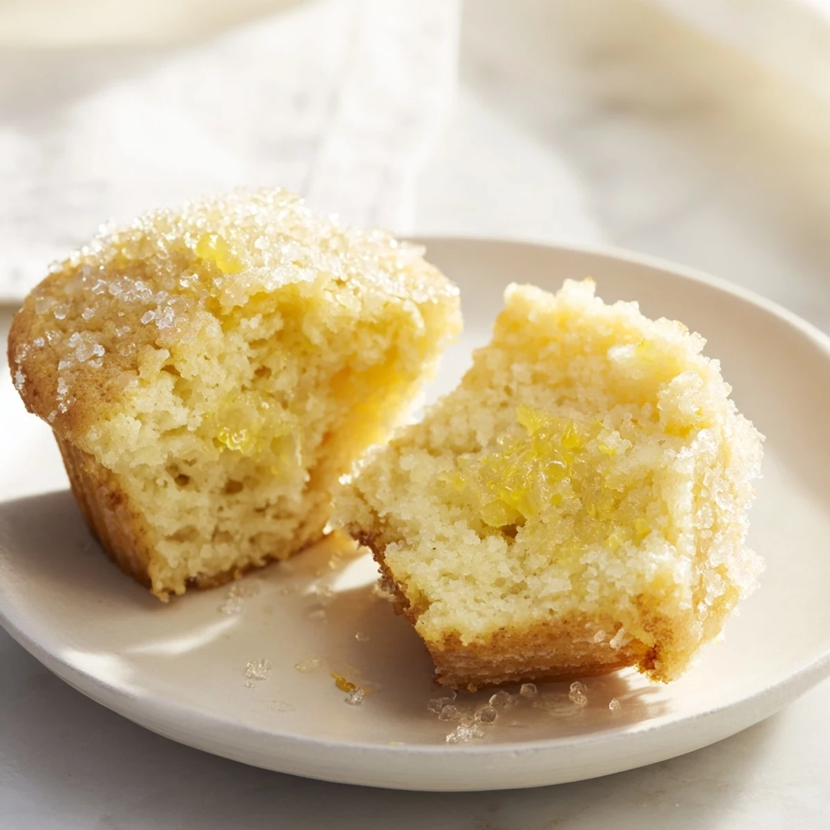 A close-up of fresh, homemade Simple Sweet Lemon Zest Muffins, showcasing a tender interior texture.