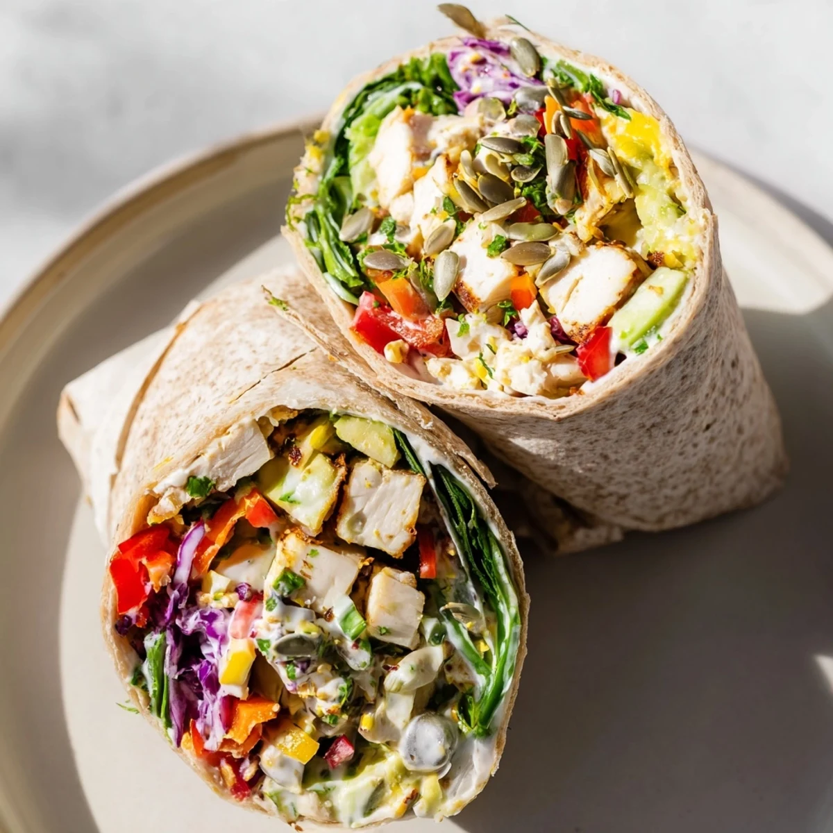 A close-up of colorful poppy-inspired chicken salad wraps ready to eat, filled with fresh ingredients.