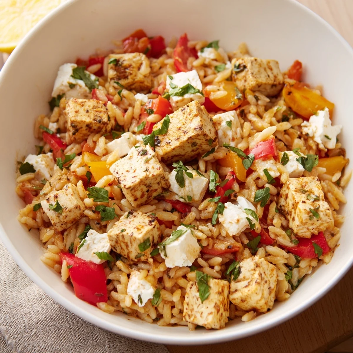 Sizzling Smoky Mediterranean Lamb and Orzo Supper with tender lamb and feta cheese crumbles.