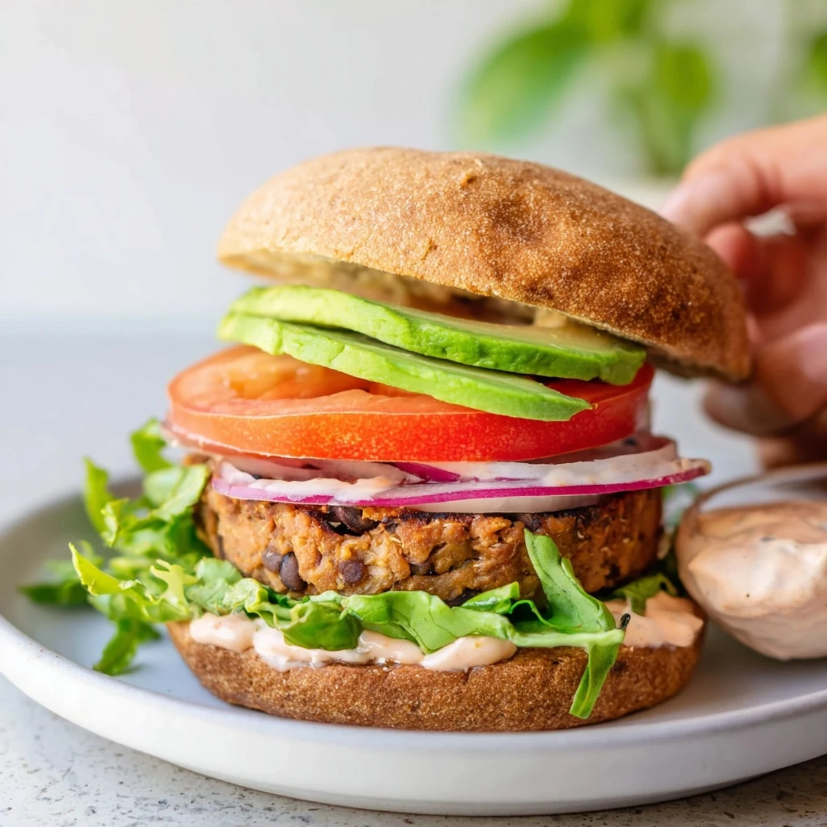 Juicy zesty black bean burgers topped with creamy avocado on toasted buns, ready to eat.