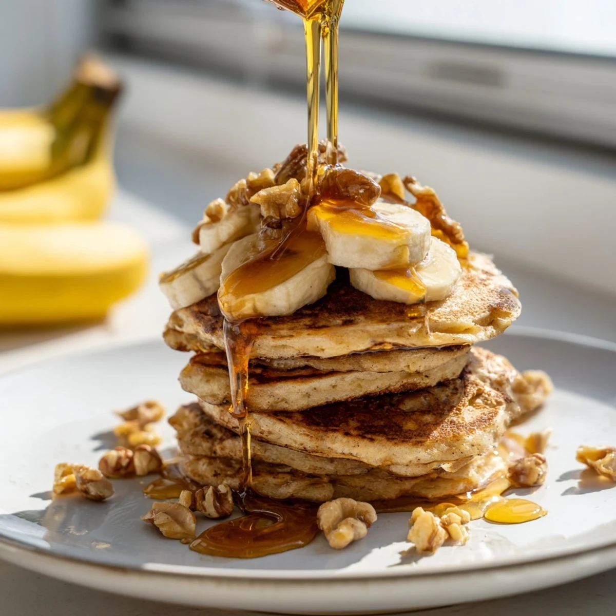 Golden-brunch banana pancakes, stacked high, drizzled with warm maple syrup, perfect for a cozy weekend.