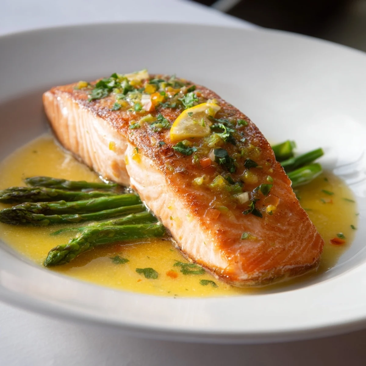 Seared skillet lemon-butter salmon with asparagus, glistening with a bright, buttery glaze.
