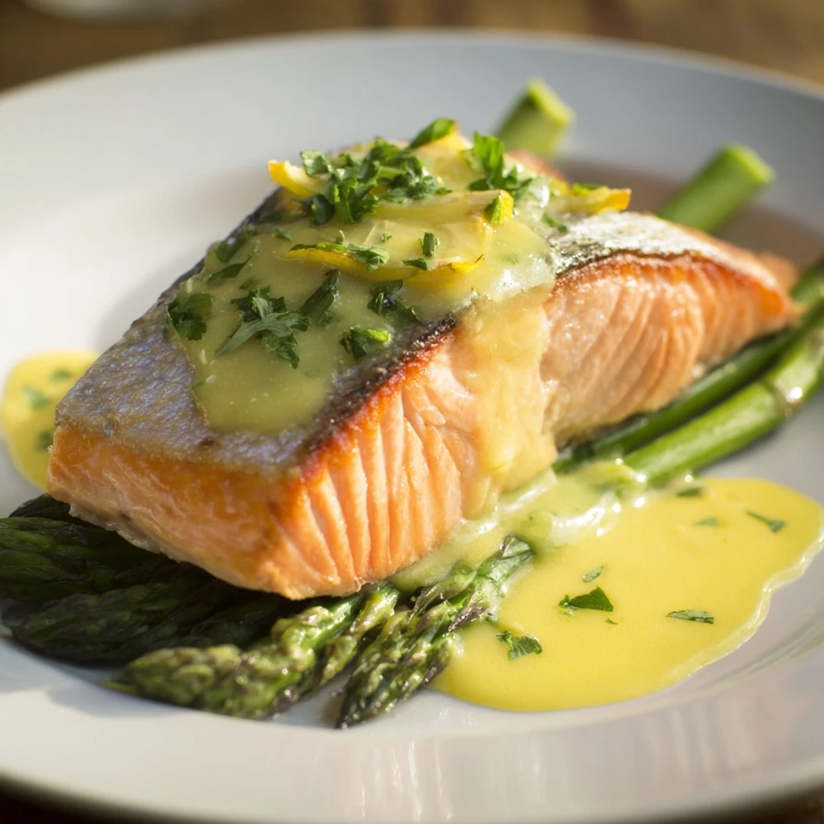 Golden, flaky skillet lemon-butter salmon nestled with tender asparagus, ready for dinner.