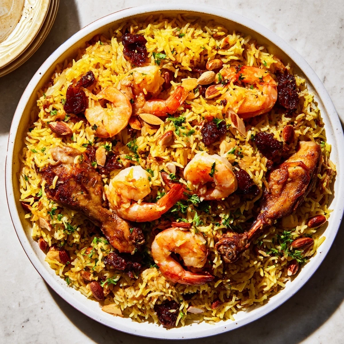 Golden saffron chicken and rice pilaf, a warm, inviting one-pot meal with tender chicken and fluffy rice.