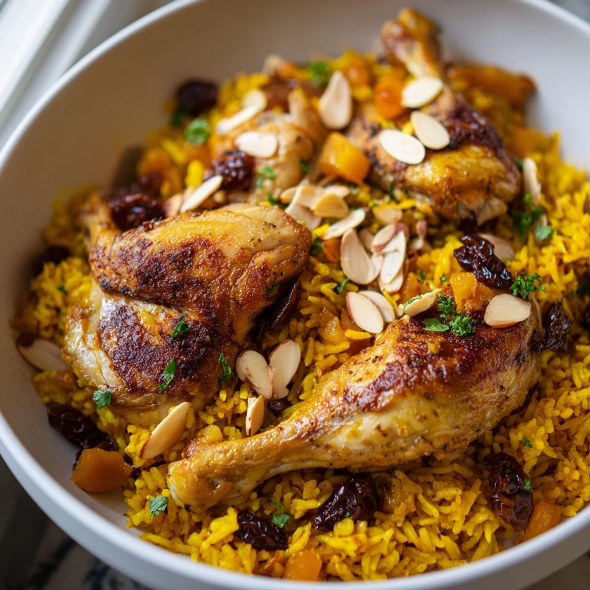 Fluffy basmati rice studded with tender chicken in this flavorful saffron chicken and rice pilaf dish.