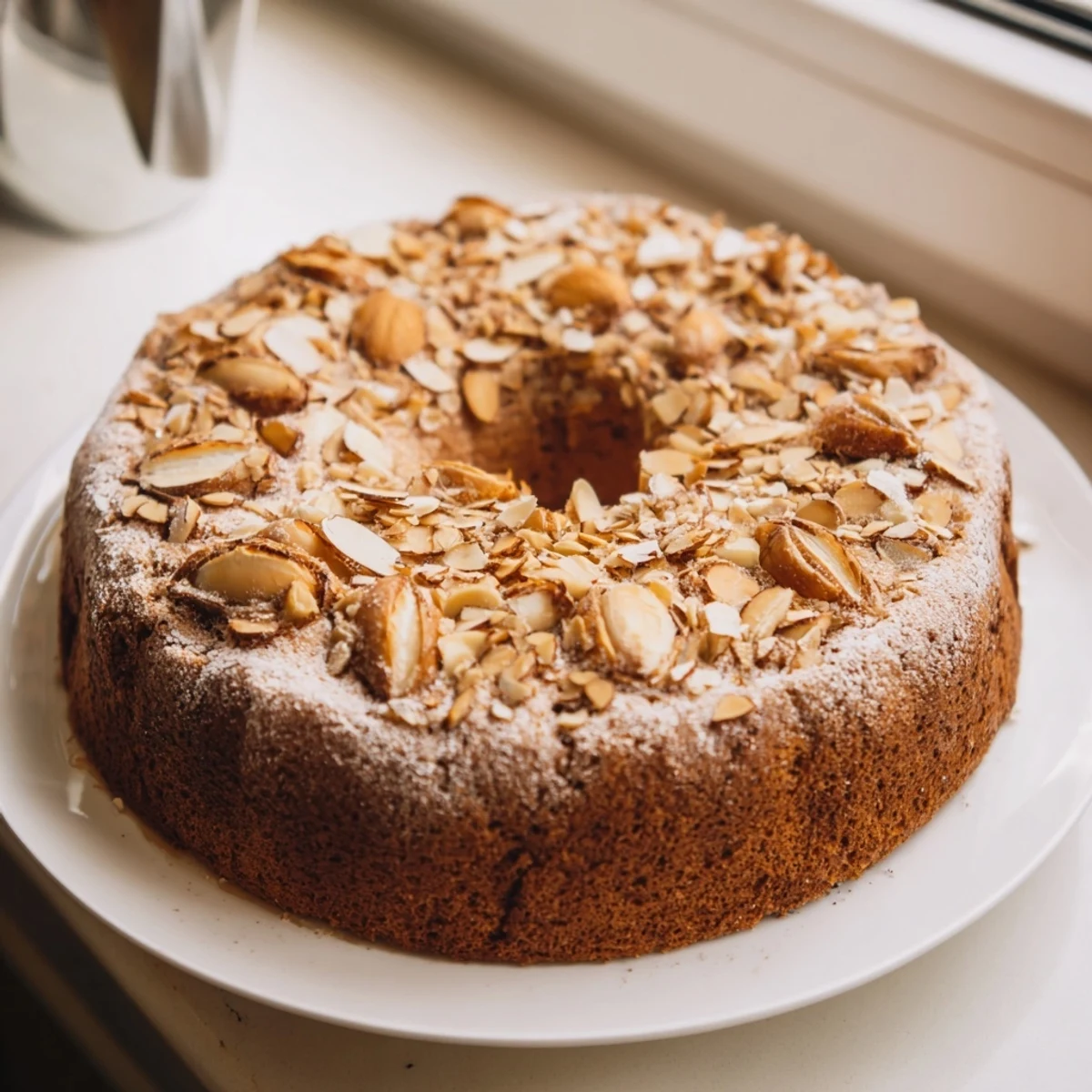 Golden, tender slice of soft sweet plum-infused almond cake, topped with toasted almonds.