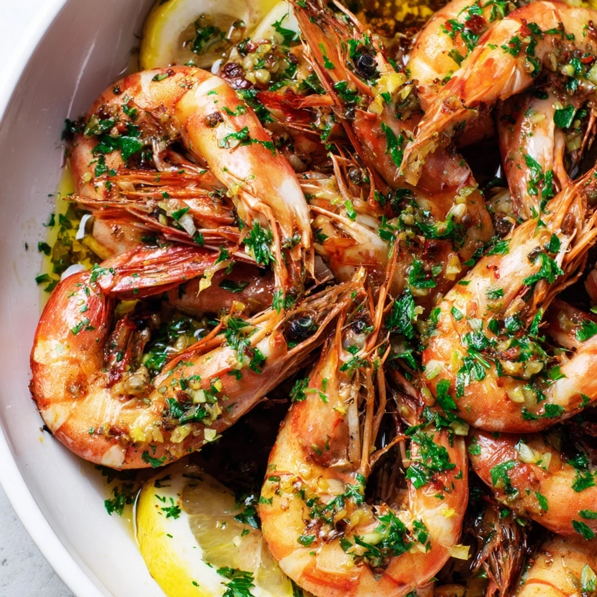 Light & Bright Lemon Herb Shrimp Scampi, glistening from lemon juice and herbs, ready to be served over pasta.