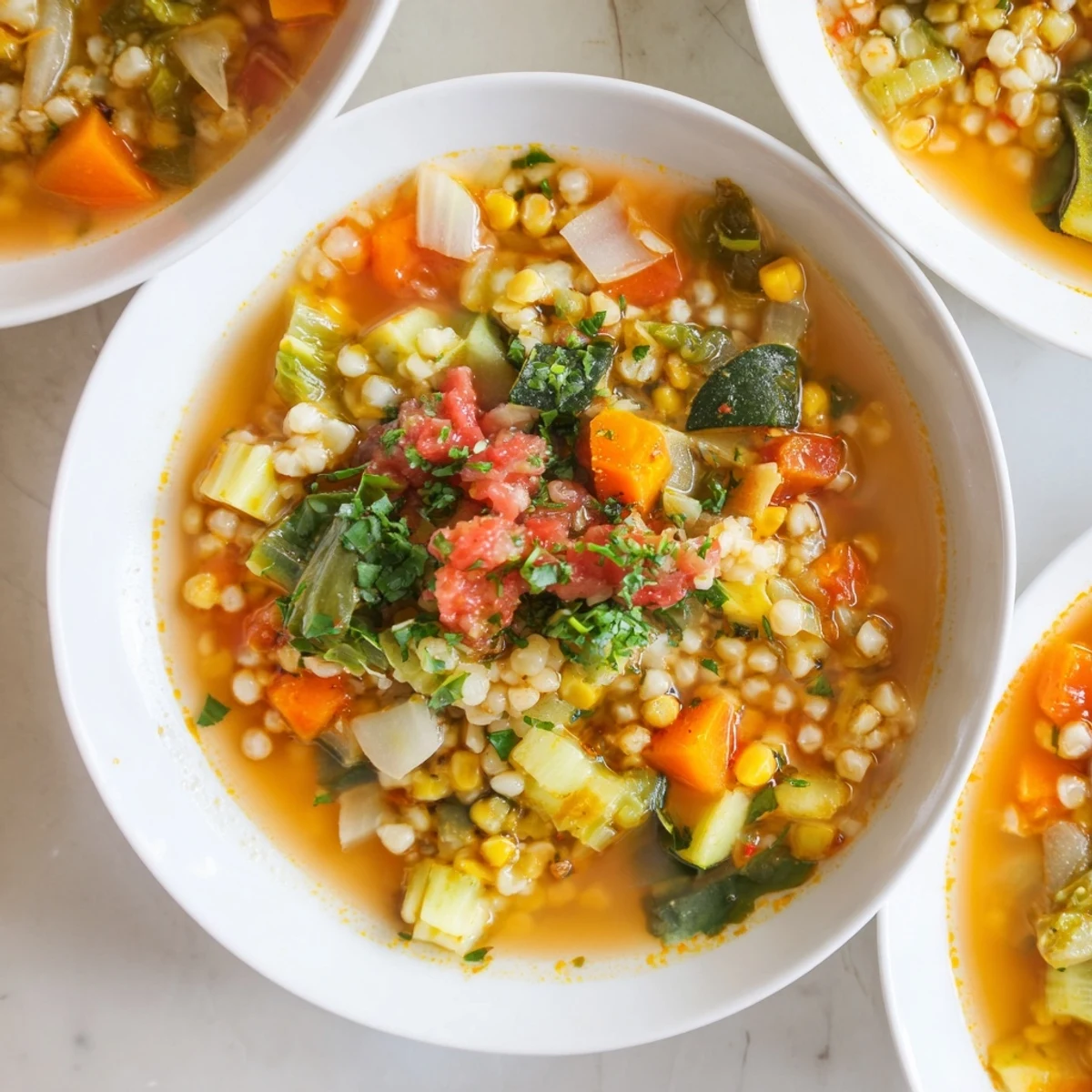 A close-up shot of a warm bowl of Simple Homemade Grain and Vegetable Soup, ready to eat.