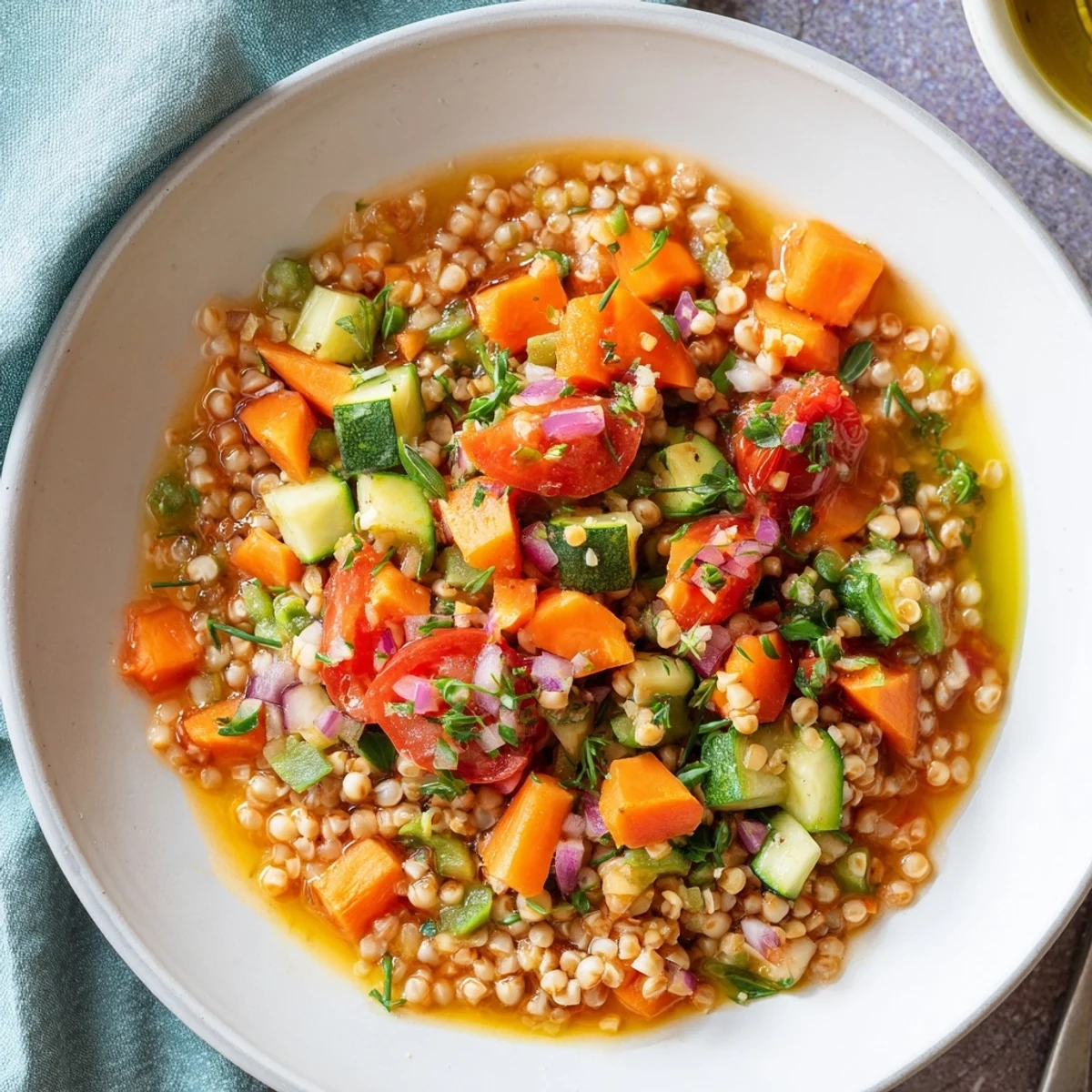 Garnished Simple Homemade Grain and Vegetable Soup, a vegetarian delight filling the bowl.