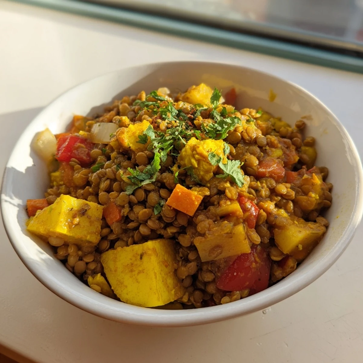 Wholesome Wheat-Warm Hearty Lentil Curry, brimming with tender lentils and vibrant vegetables in a rich curry.