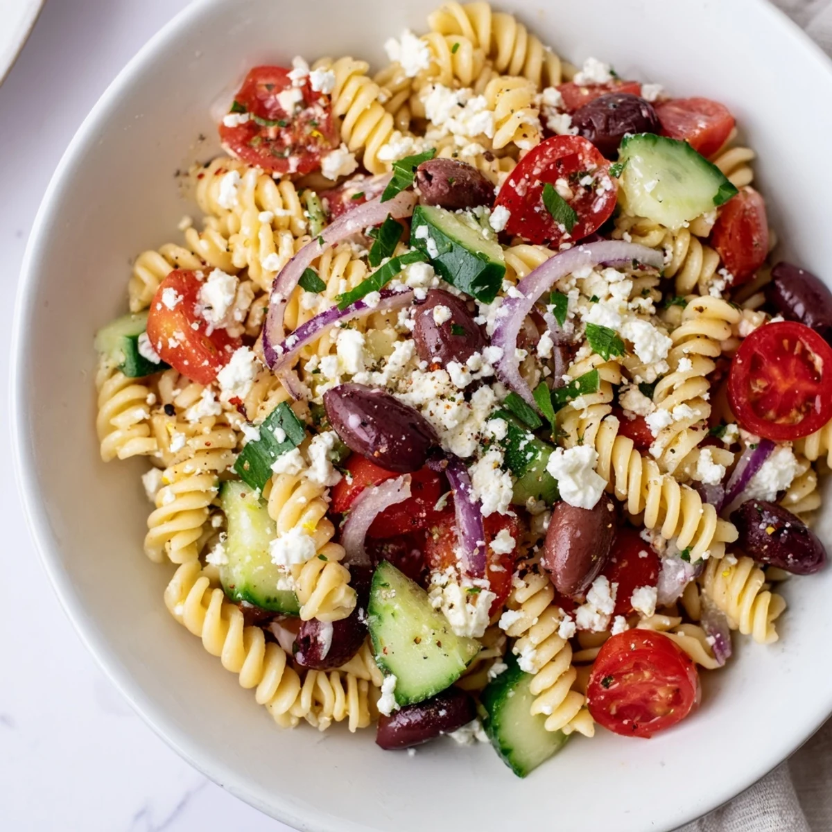 Mediterranean Olive Oil and Feta Pasta Salad, a colorful medley of fresh pasta and vegetables.