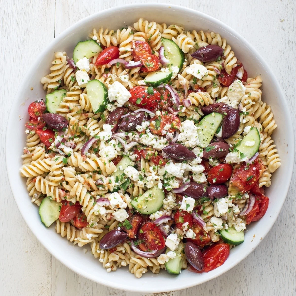 Enjoy this vibrant Mediterranean Olive Oil and Feta Pasta Salad—a refreshing bite of pasta and olives.