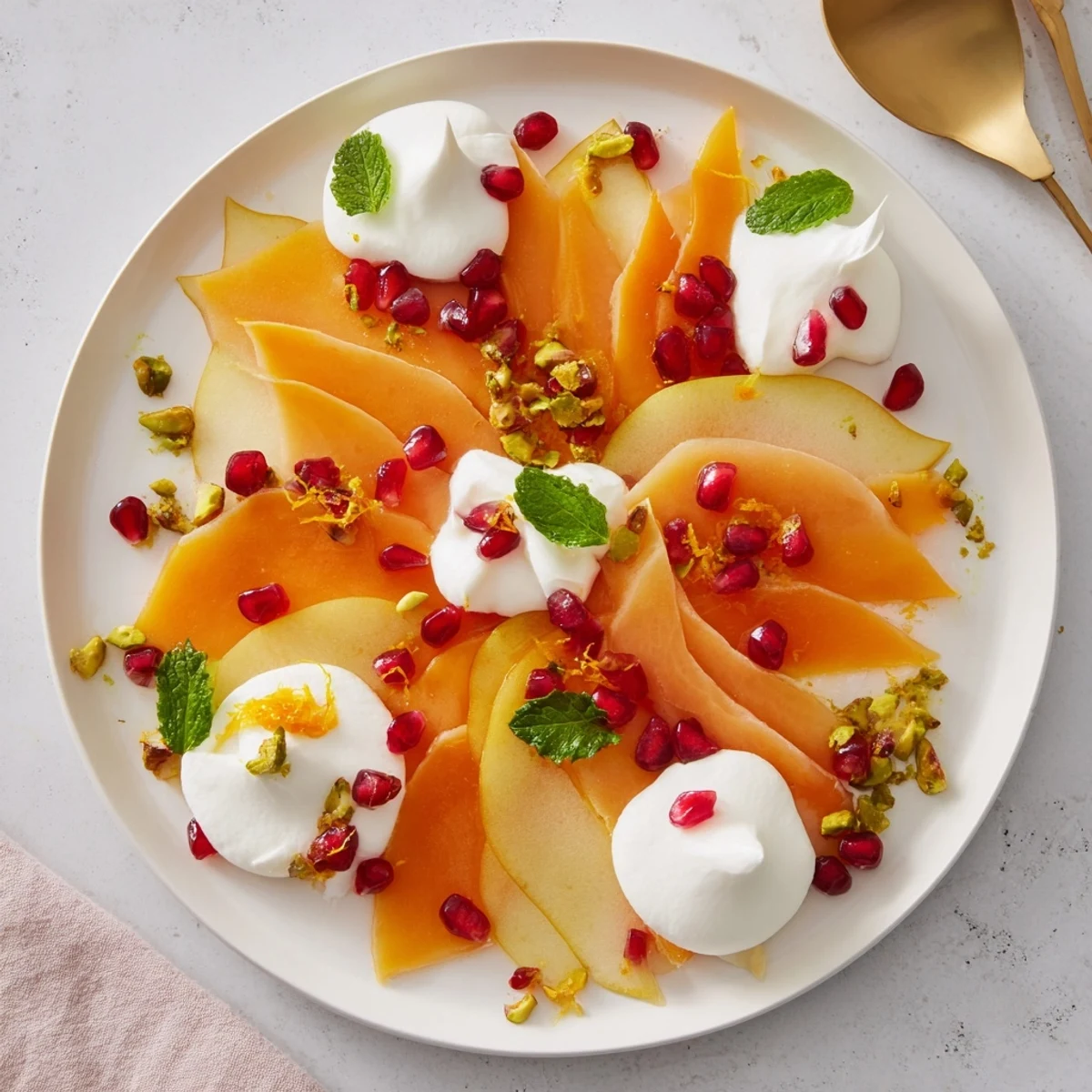 Winter Fruit Snowscape with persimmons and pears, drizzled with creamy mascarpone, offering a beautiful dessert.