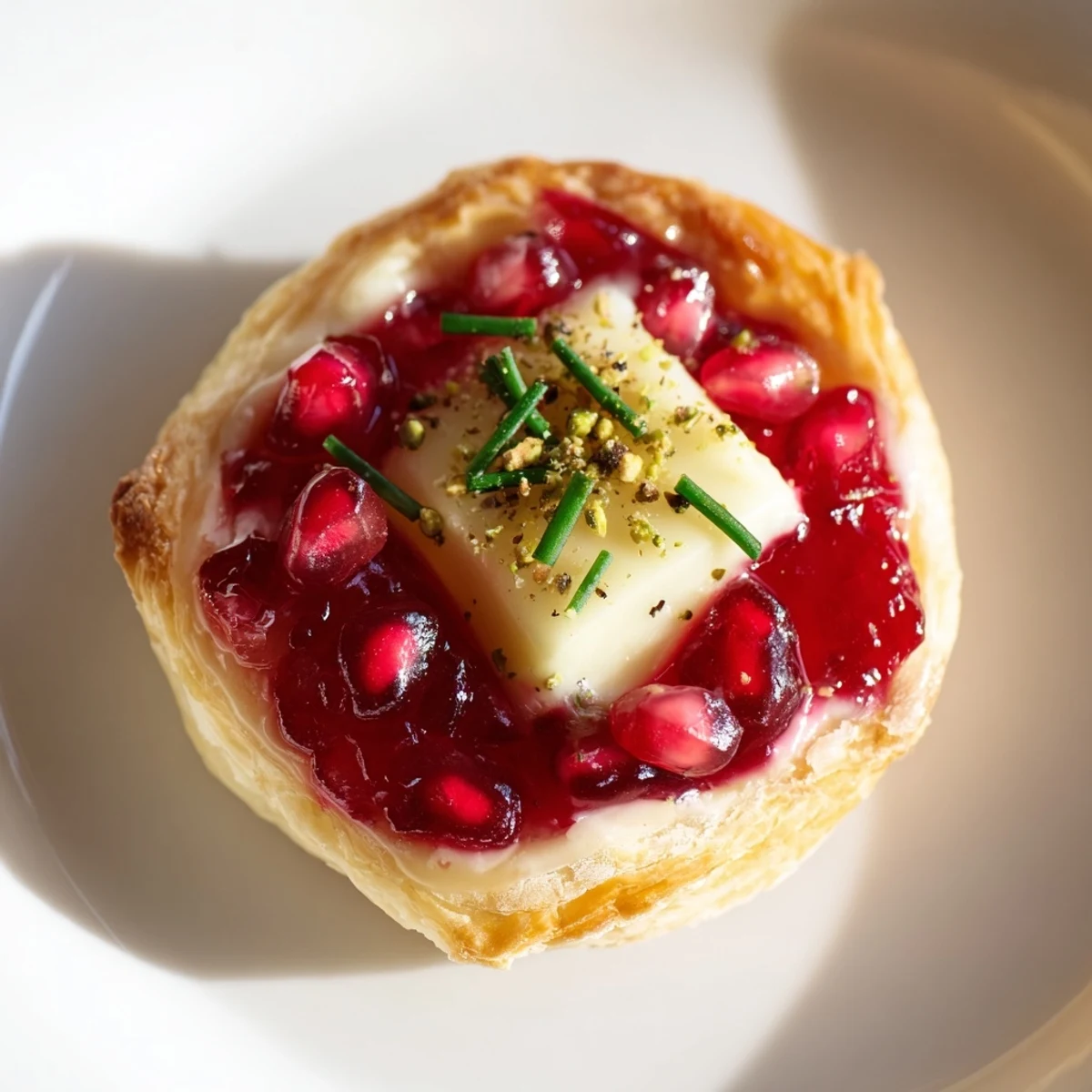 Golden, bubbly Fireworks Brie Tartlets topped with bright red pomegranate seeds and fresh herbs, ready to serve.