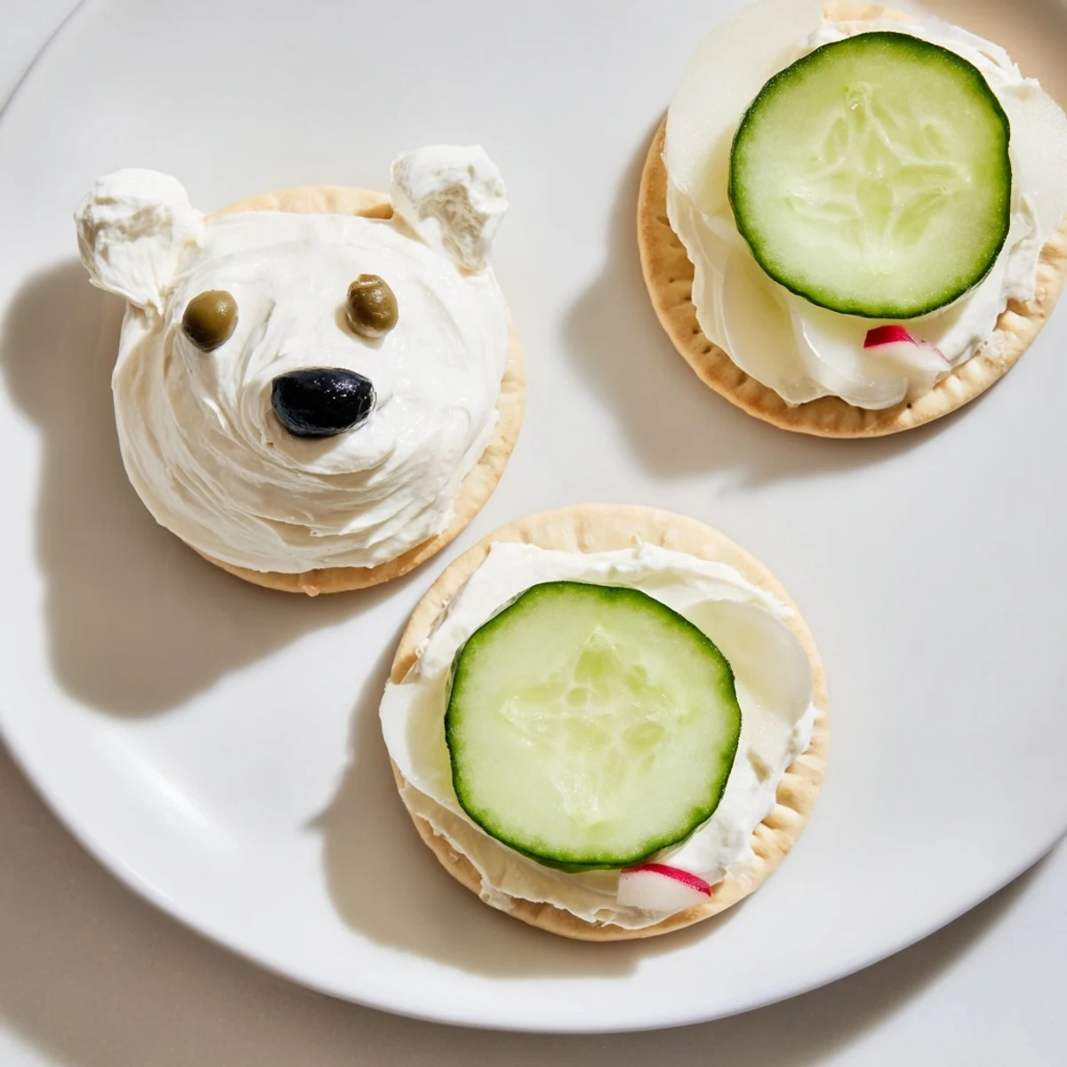 Crisp rice crackers support the Polar Bear Iceberg Cracker Stacks, embellished with radish ears and olive noses for a fun snack.