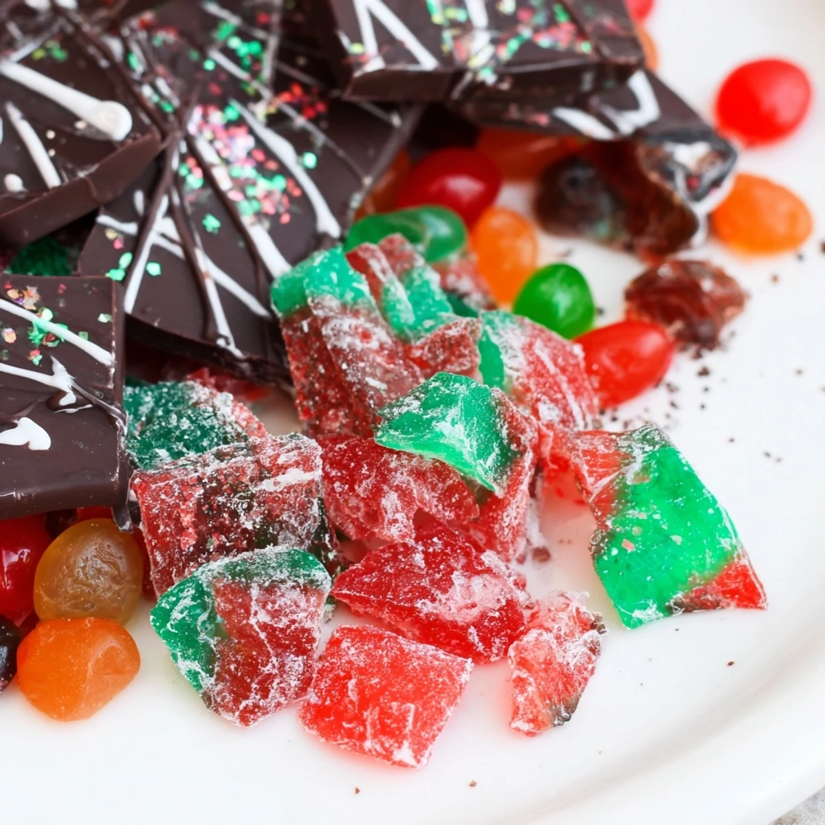 Vibrant Jingle Bell Rock Candy Display arrangement featuring shimmering candies, chocolates, and festive holiday treats.