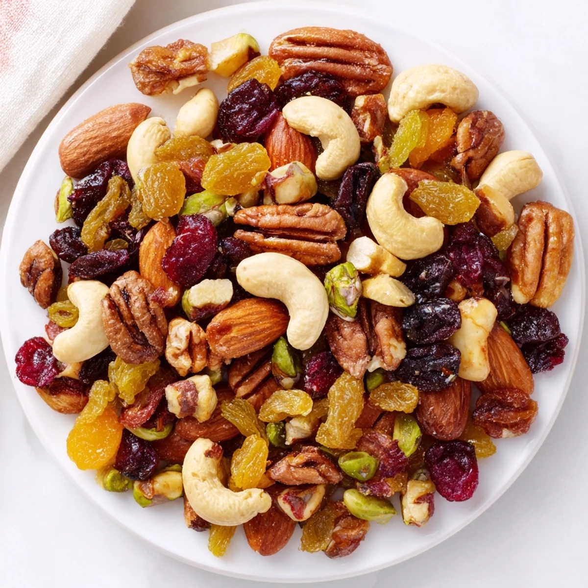 Vibrant photo shows the Easy Party: Assorted Nuts and Dried Fruit Pile with golden raisins and dried cherries.