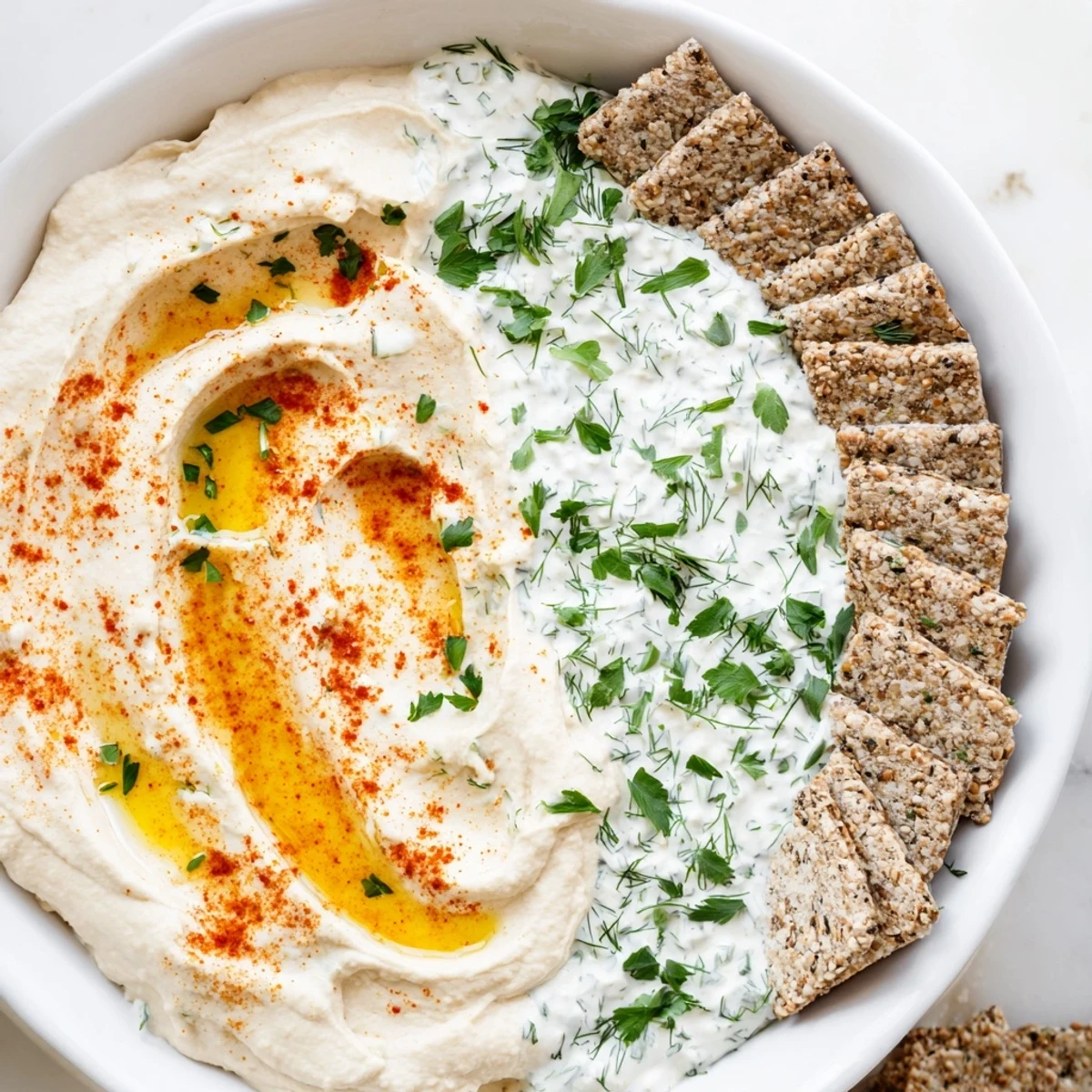 Two bowls of vibrant Easy Dips: a creamy herb yogurt dip next to smooth hummus.