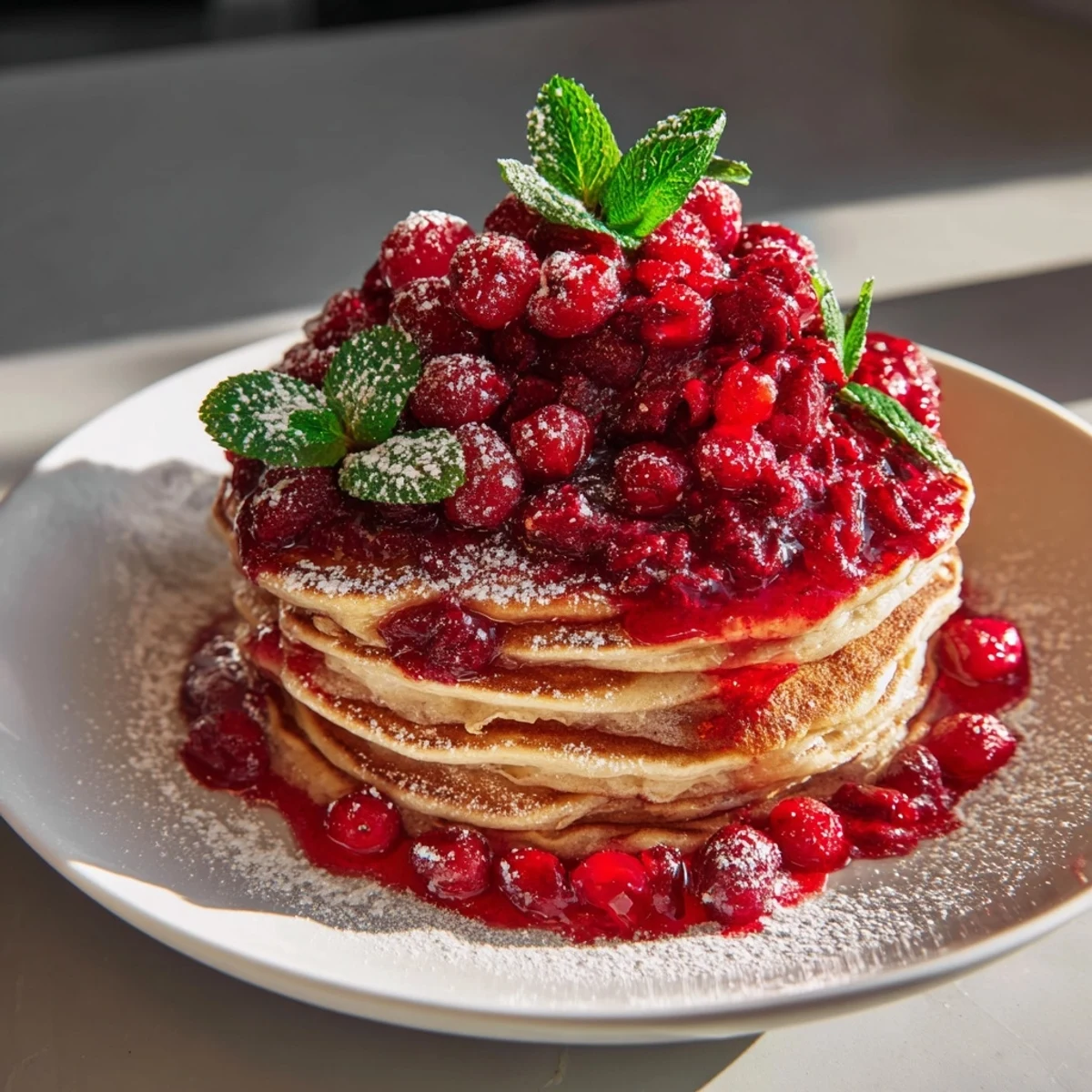 Warm, golden brunch board: pancake stack with berry holly, a sweet and festive breakfast.