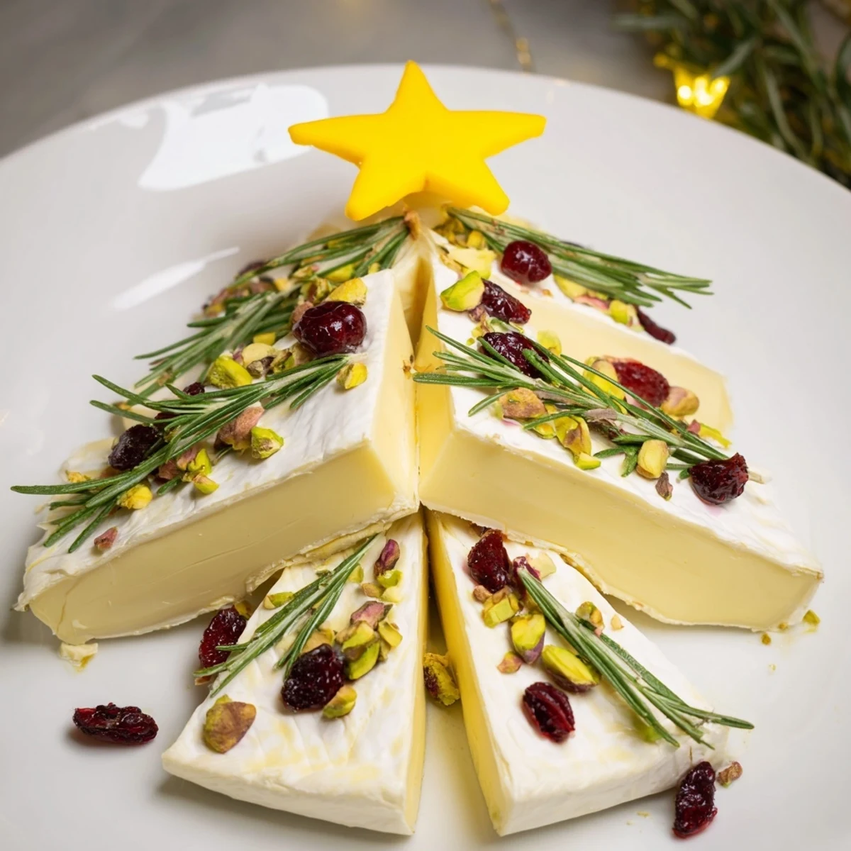 Creamy Brie Triangle Cheese Tree topped with rosemary, cranberries, nuts, served with crackers.