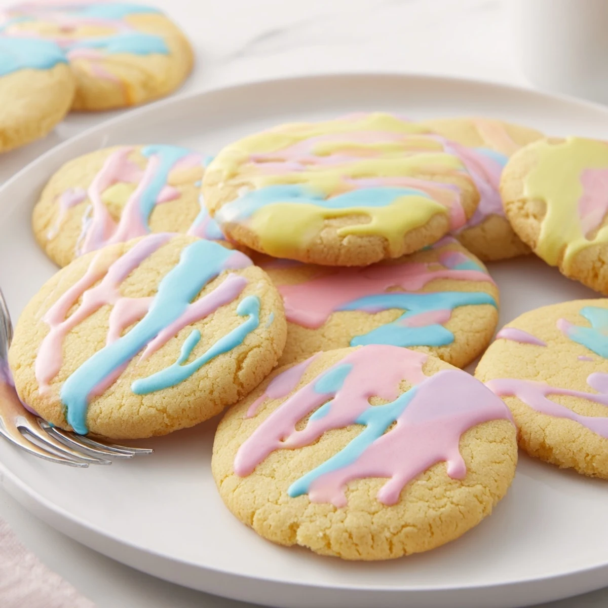 Warm sugar cookies with colorful icing drizzle, a beautiful treat perfect for a party.