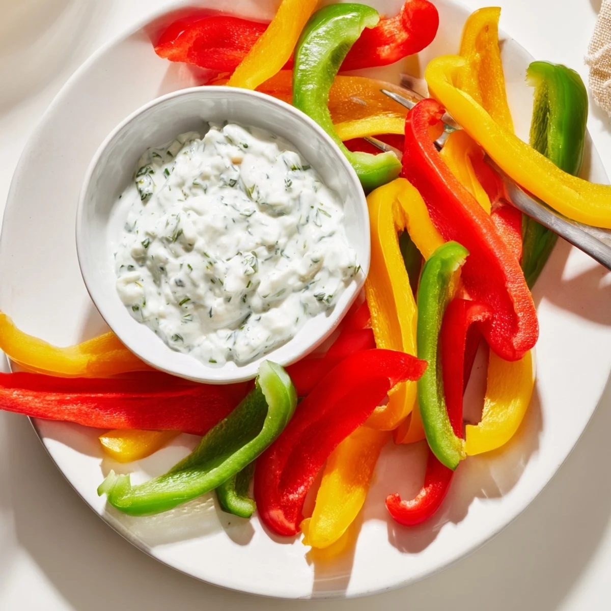 Crisp red, yellow, and green bell pepper strips arranged for dipping into creamy Greek yogurt.