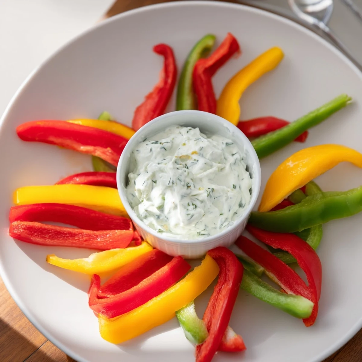 Freshly sliced bell pepper strips alongside a bowl of creamy Greek yogurt dip, ready to be enjoyed.