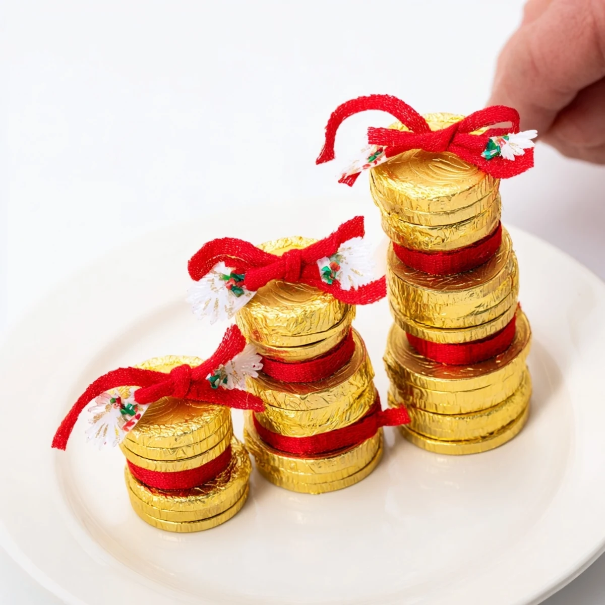 Golden chocolate coin stacks shimmer with edible glitter, a festive edible decoration for parties.