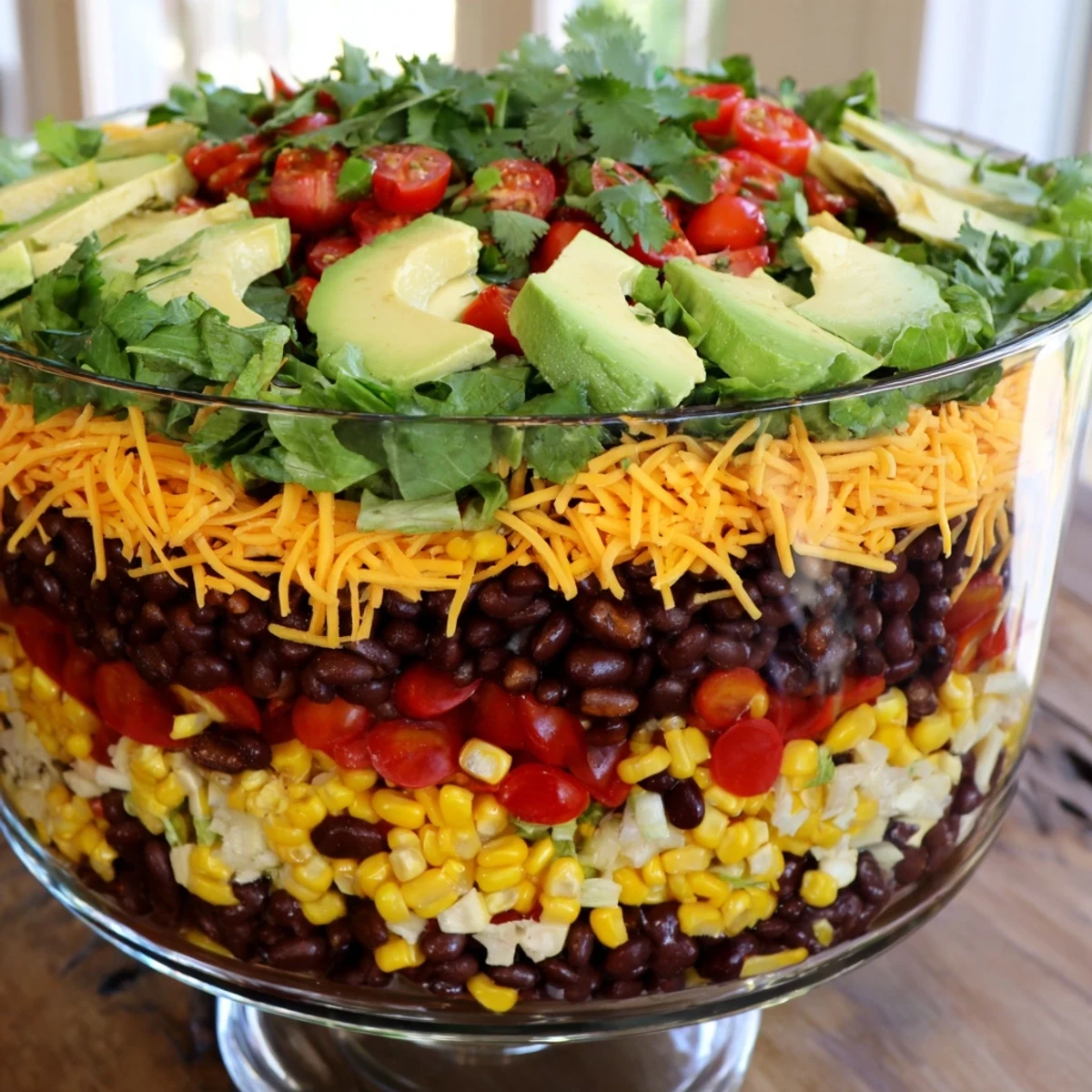 Vibrant Southwest Sunset Palette salad layered with colorful vegetables and spicy red chili cheese.