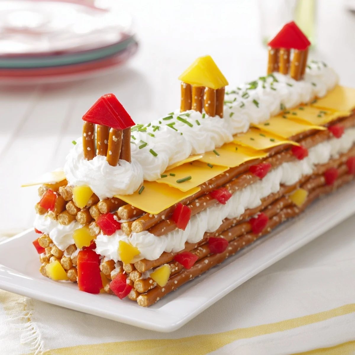 A visually appealing Rustic Log Cabin appetizer with stacked pretzel logs and cheese, ready to serve.