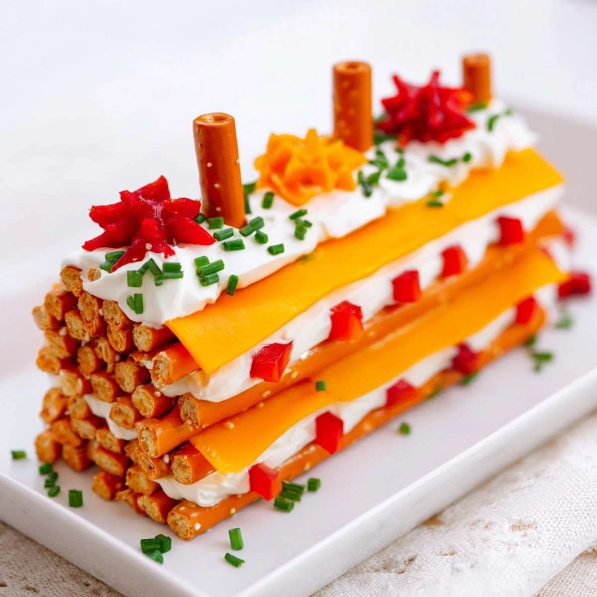 Delicious Rustic Log Cabin appetizer featuring contrasting orange cheddar and white mozzarella cheese layers, served with crackers.