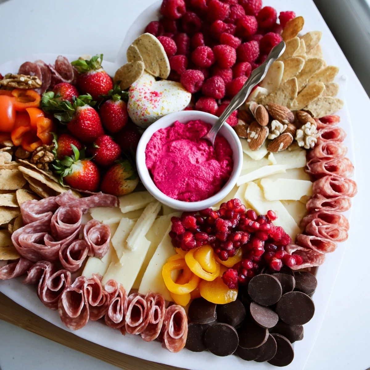 A colorful The Heart of Romance Board overflowing with fresh fruits, cheeses, and meats, perfect for sharing.