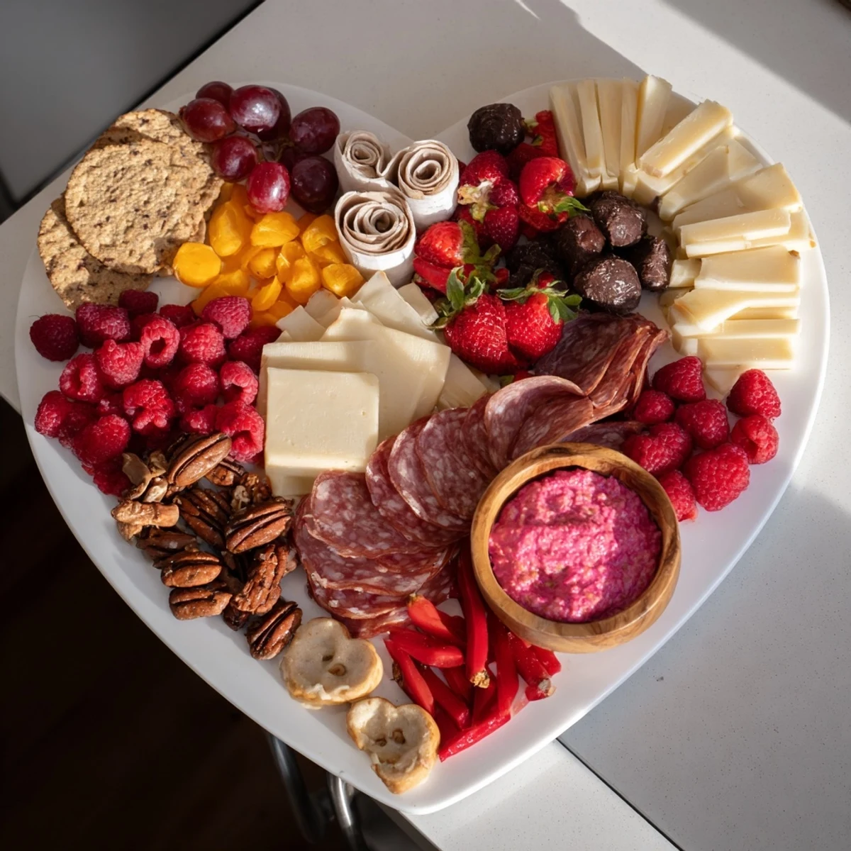Heart-shaped The Heart of Romance Board, a luscious appetizer with strawberries, cheese, and salami for Valentine's Day.