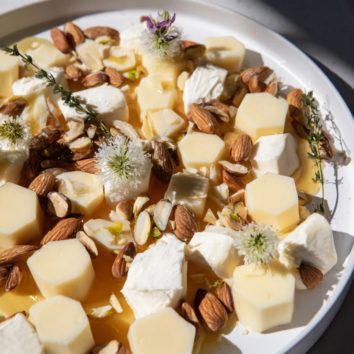 Honeycomb Hexagon Maze cheese platter, arranged with creamy cheeses and drizzled honey, ready to serve.