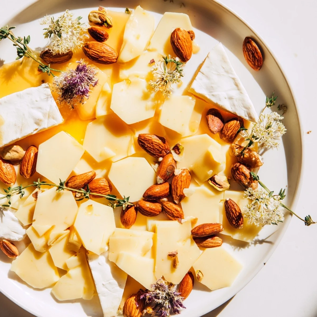 Elegant Honeycomb Hexagon Maze recipe photo: a visually striking appetizer with golden honey over the cheeses.
