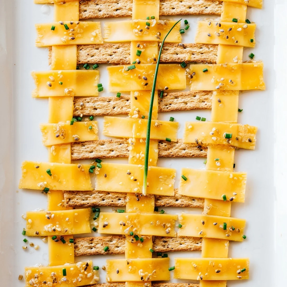 Golden lattice of cheddar, gouda, and Swiss cheese forming the Garden Gate Lattice appetizer, ready for serving.