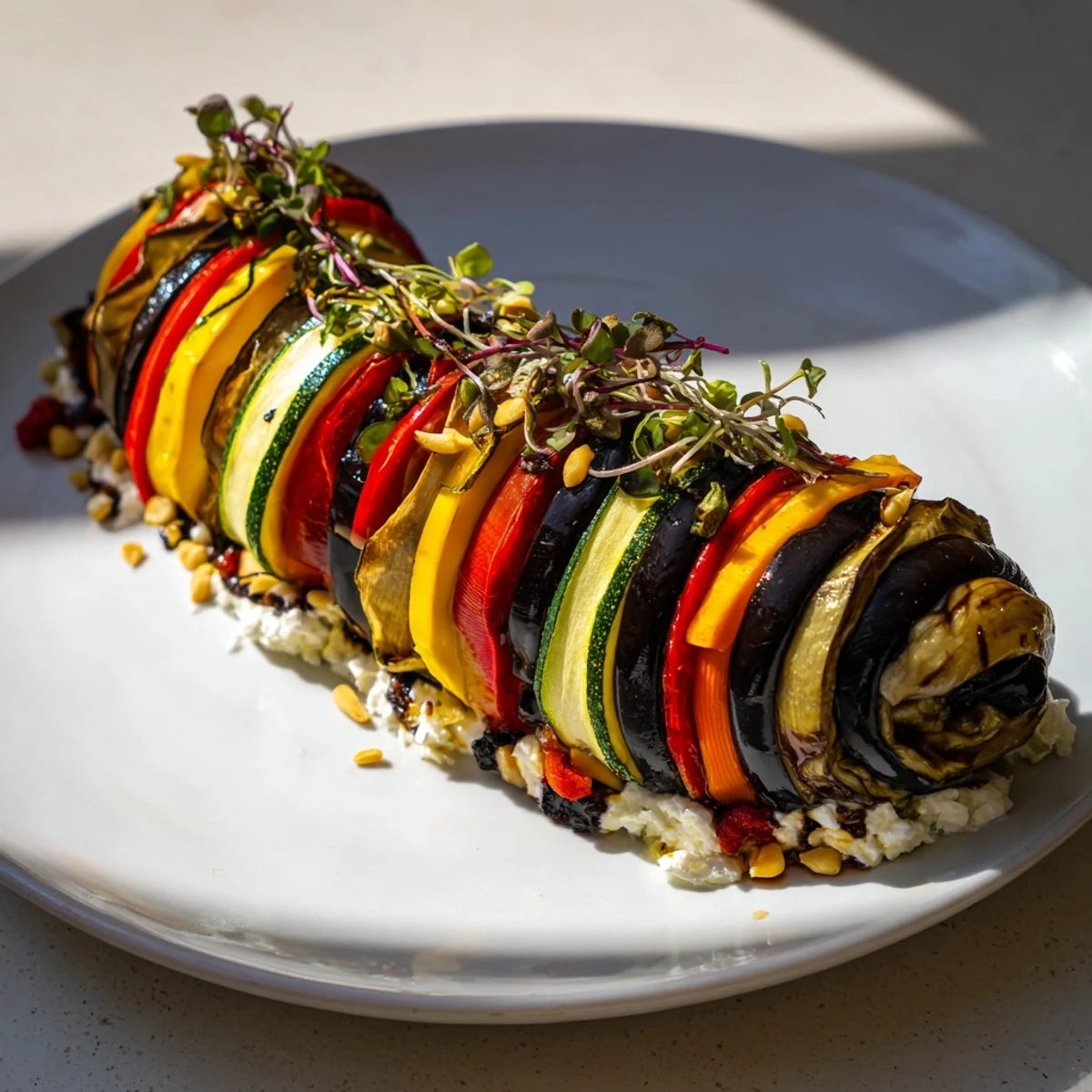 Roasted vegetables artfully spiraled over creamy goat cheese make up this delicious Snail Shell Spiral.